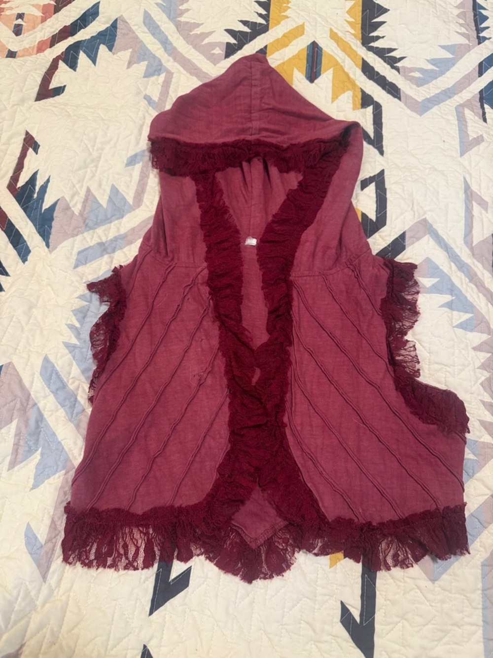 Source Unknown Burgundy Hooded Vest with Lace Trim